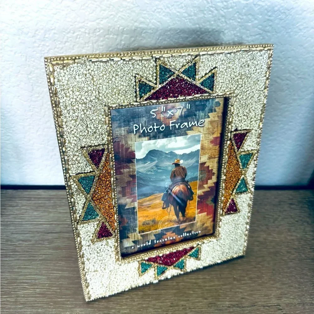 Southwest Western Aztec Tribal Beaded Blue Picture Frame